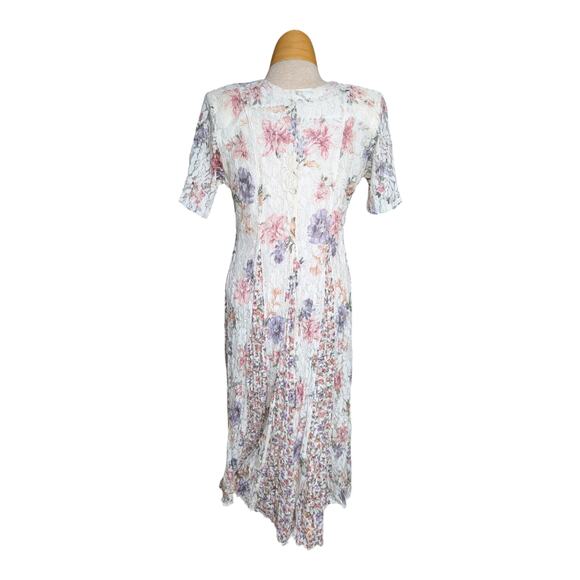 Vtg 1990s Nostalgia Ivory Pink Floral Lace Short Sleeve Romantic Maxi Dress S - Picture 3 of 6